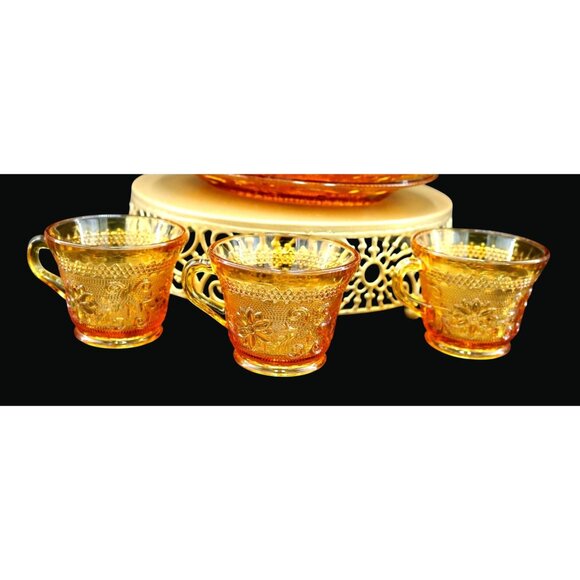 Vintage 8 Piece Tiara/Indiana Glass Snack Sets.  Plates and Glasses in Rich Ambe - Picture 5 of 8